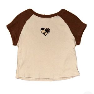 Rue 21 Brown And Tan Fuzzy Leopard Print Heart Patch Baby Tee Trendy Ribbed Cute